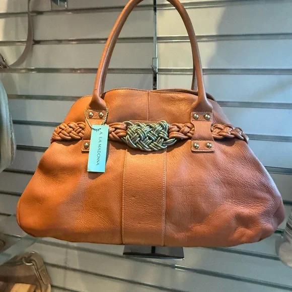 NWT Madonna Brown Genuine Leather Tote with Braided Accent designer direct - Picture 1 of 4